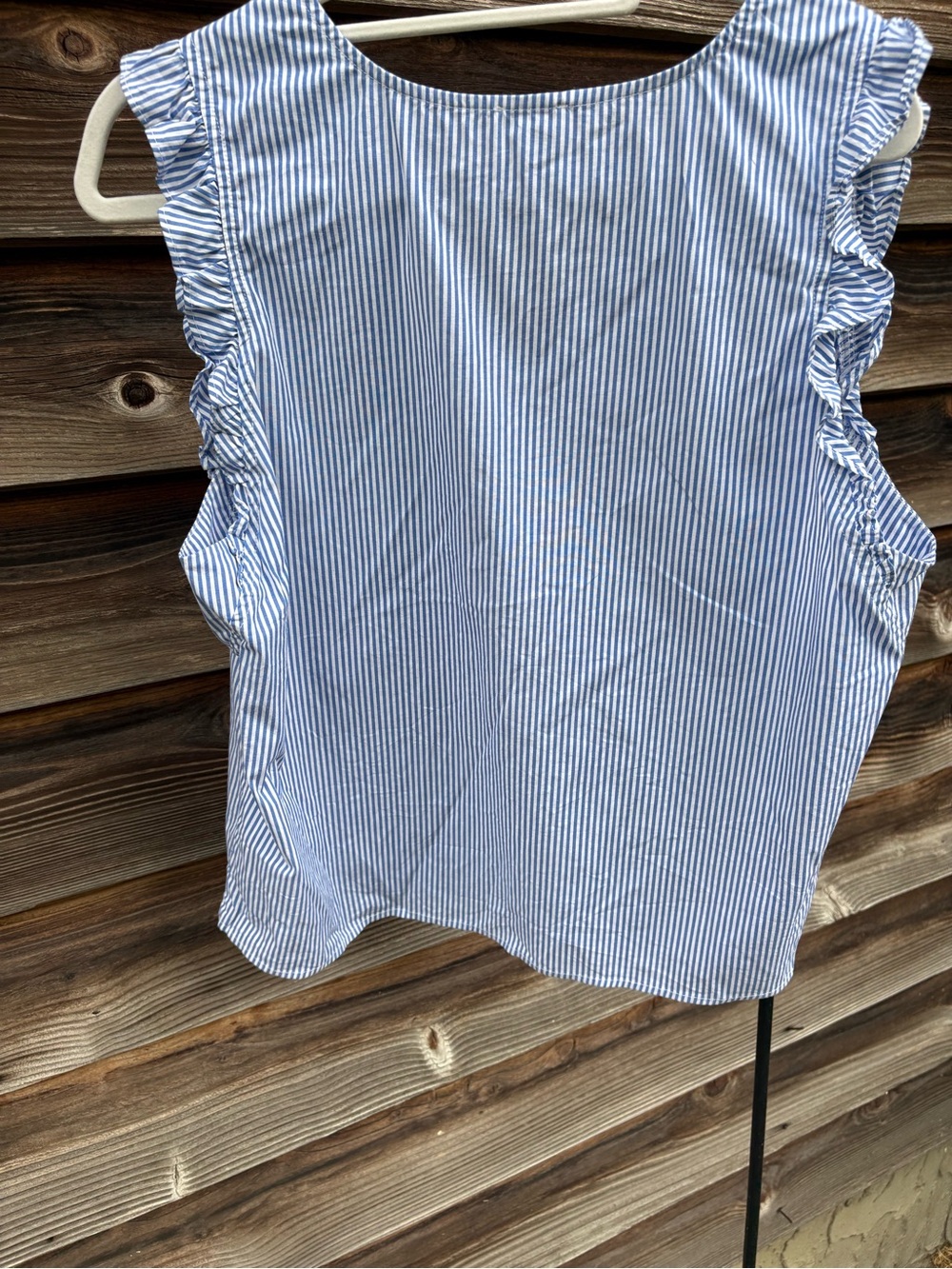 J. Crew Factory Blue & White Striped Ruffle-Sleeve V-Neck Blouse - Picture 2 of 3